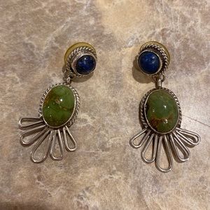 Sterling Silver Lapis and Green Semi-Precious Stone Drop Earrings